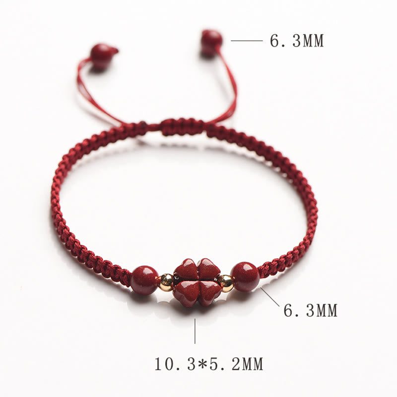 Hand-Woven Red String Cinnabar Clover and Flower Charm Bracelet