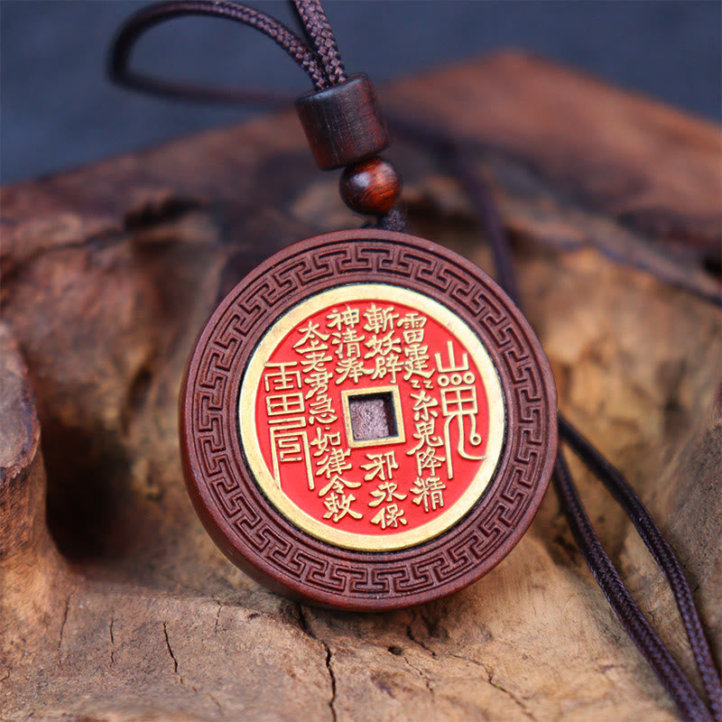 Lightning Struck Jujube Wood Yin Yang Bagua Mountain Ghosts Spend Money Protection Necklace Pendant