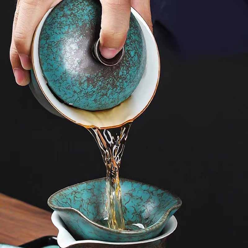 Traditional Pine Tree Green Ceramic Gaiwan Sancai Teacup Kung Fu Tea Cup And Saucer With Lid