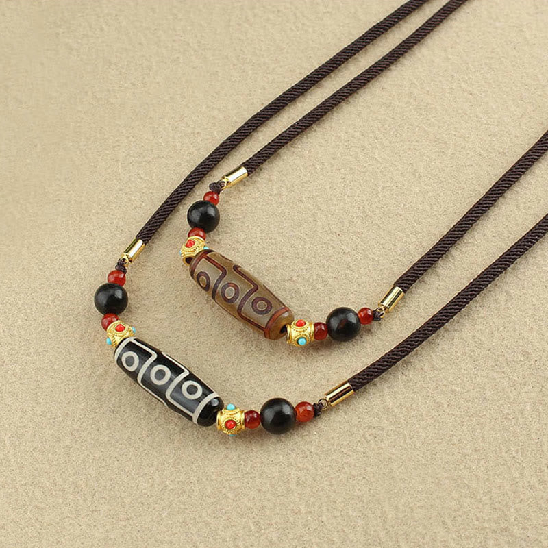Tibetan Nine-Eye Dzi Bead Protection Blessings String Necklace Pendant