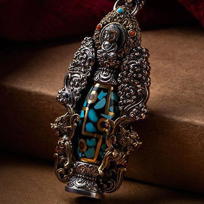 Tibetan Nine-Eye Dzi Bead Turquoise Buddha Wealth Rotation Necklace (Extra 30% Off | USE CODE: FS30)