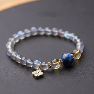 Natural Moonstone Citrine Kyanite 14K Gold Flower Charm Beaded Bracelet