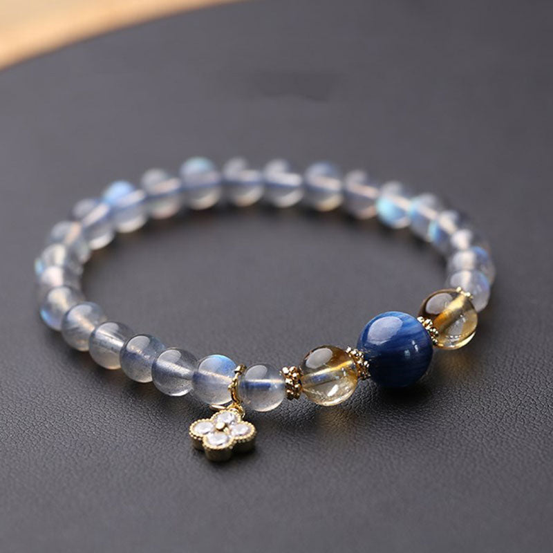 Natural Moonstone Citrine Kyanite 14K Gold Flower Charm Beaded Bracelet
