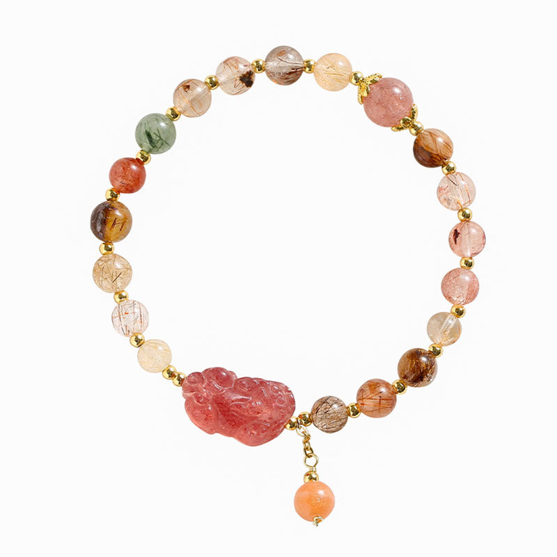 Hand-Assembled Natural Strawberry Quartz & Copper Pixiu Beaded Bracelet
