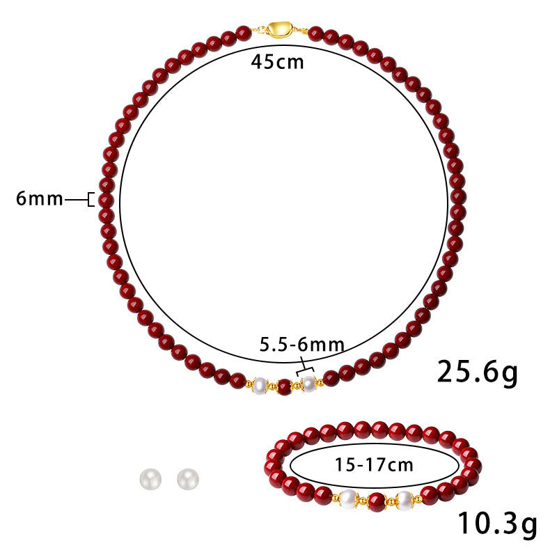 925 Sterling Silver Natural Cinnabar Pearl Blessing Necklace Pendant Bracelet Earrings Jewelry Set