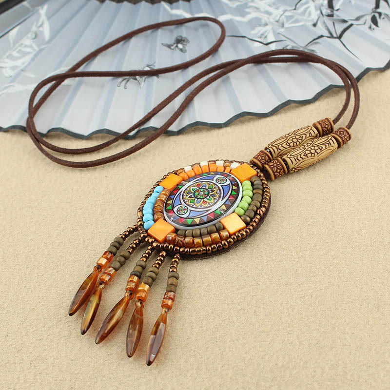 Mandala Pattern Geometric Creativity Pendant Necklace with Colorful Beads