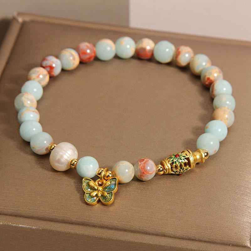 Shoushan Stone and Pearl Beaded Butterfly Charm Bracelet