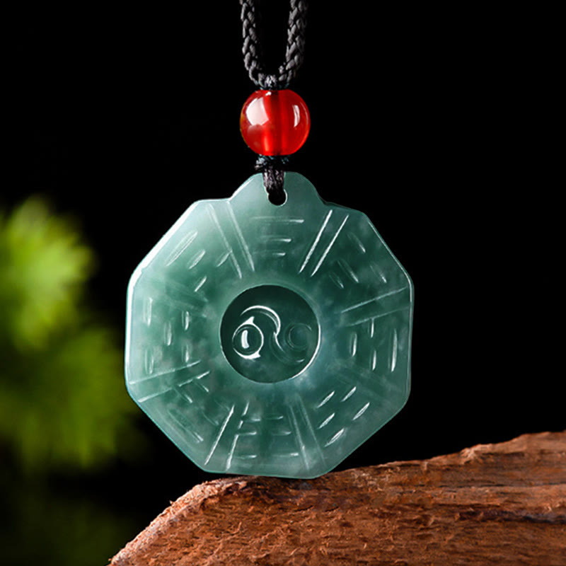 Natural Jade FengShui Bagua Yin Yang Prosperity Necklace Pendant
