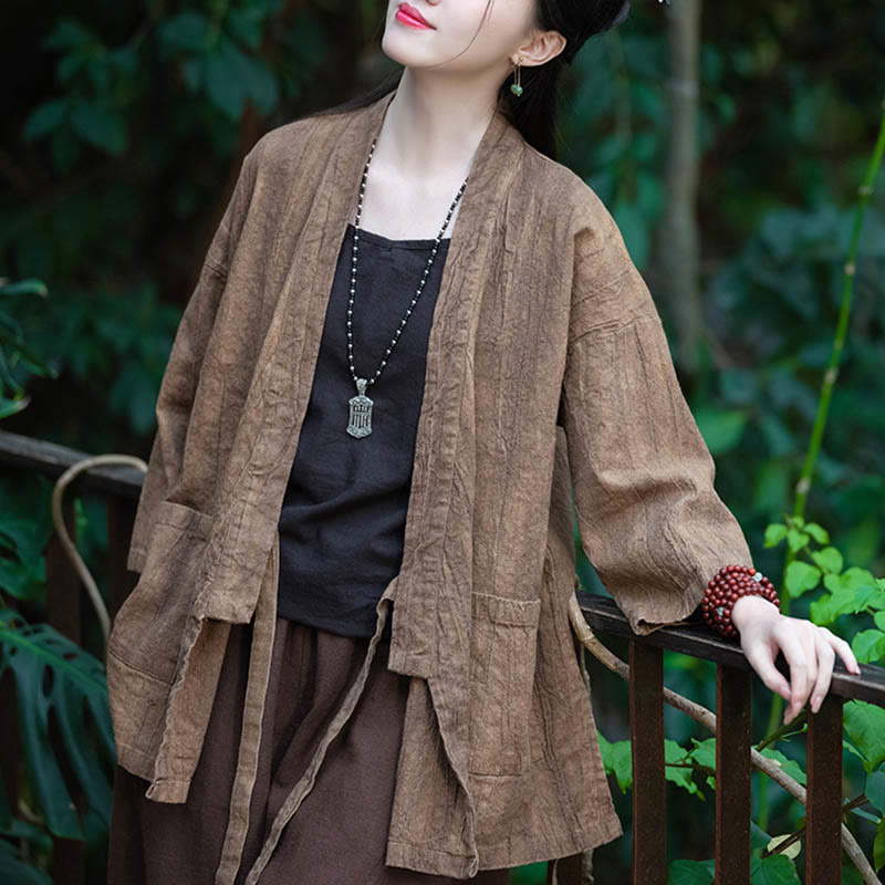 Hanfu Design Three Quarter Sleeve Ramie Linen Coat Open Front Top Jacket