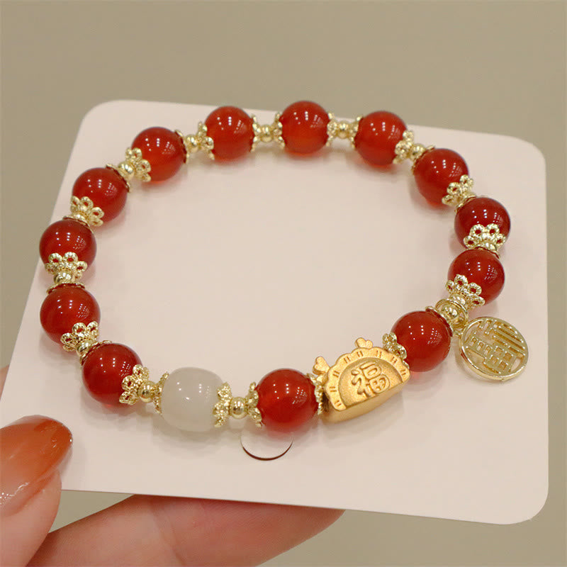 Year Of The Dragon Red Agate Strawberry Quartz Black Obsidian Jade Garnet Pearl Cinnabar Dumpling Dragon Luck Fu Character Bracelet