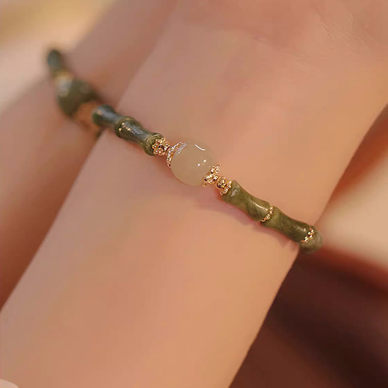 14K Copper Plated Peridot Hetian Jade Bamboo Pattern Luck Bracelet