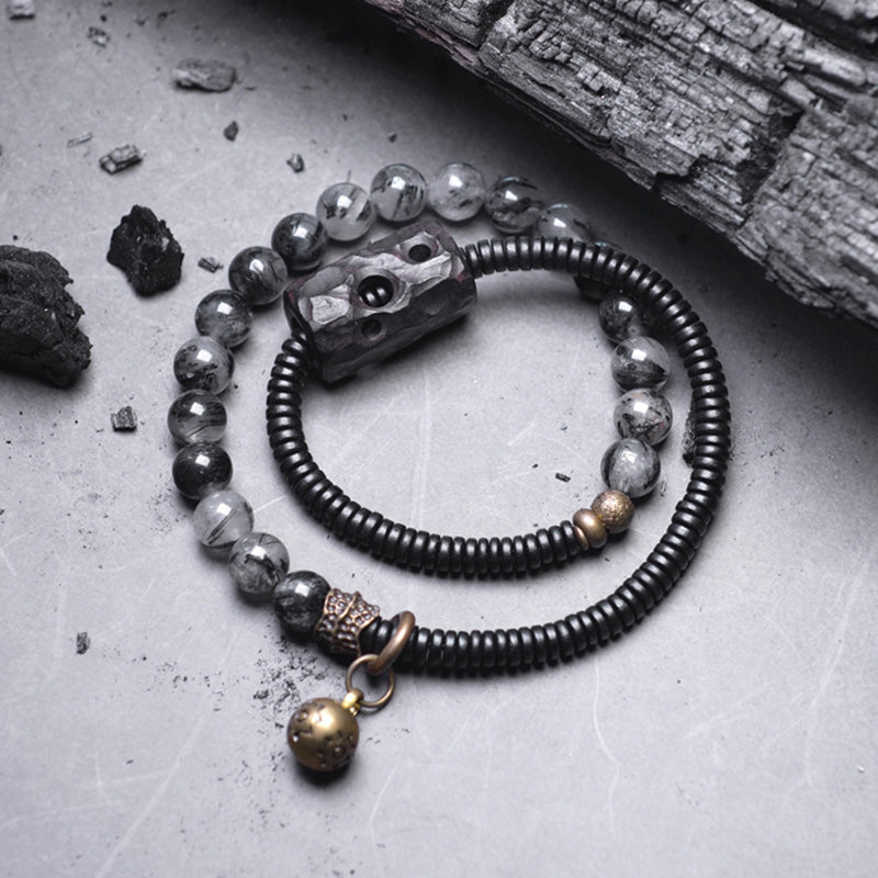 Black Rutilated Quartz Ebony Wood Copper Wisdom Couple Bracelet