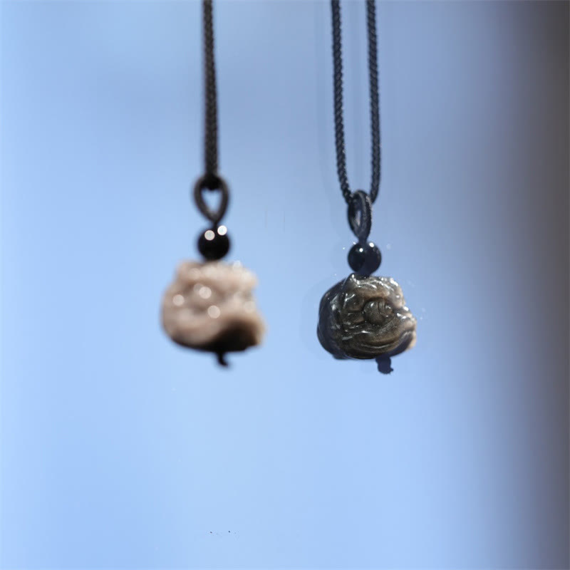 Natural Silver Sheen Obsidian Dancing Lion Protection Necklace Pendant