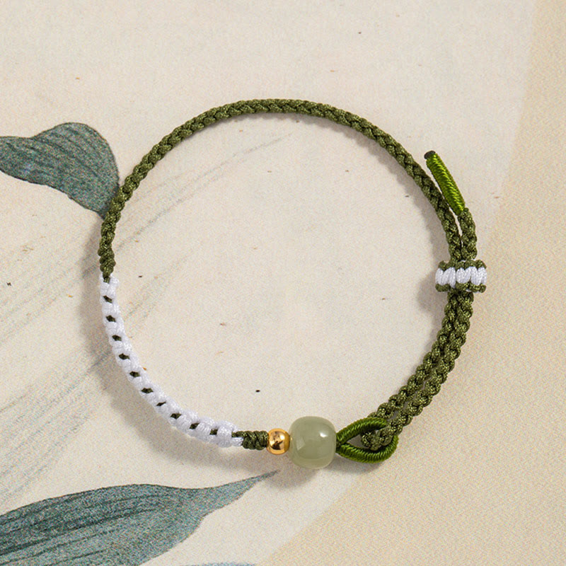 925 Sterling Silver Hetian Jade Bead Luck Braided Rope Bracelet