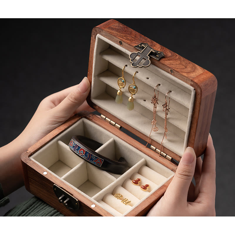 Retro Handmade Floral Rosewood Lockable Jewelry Storage Box & Keepsake Organizer