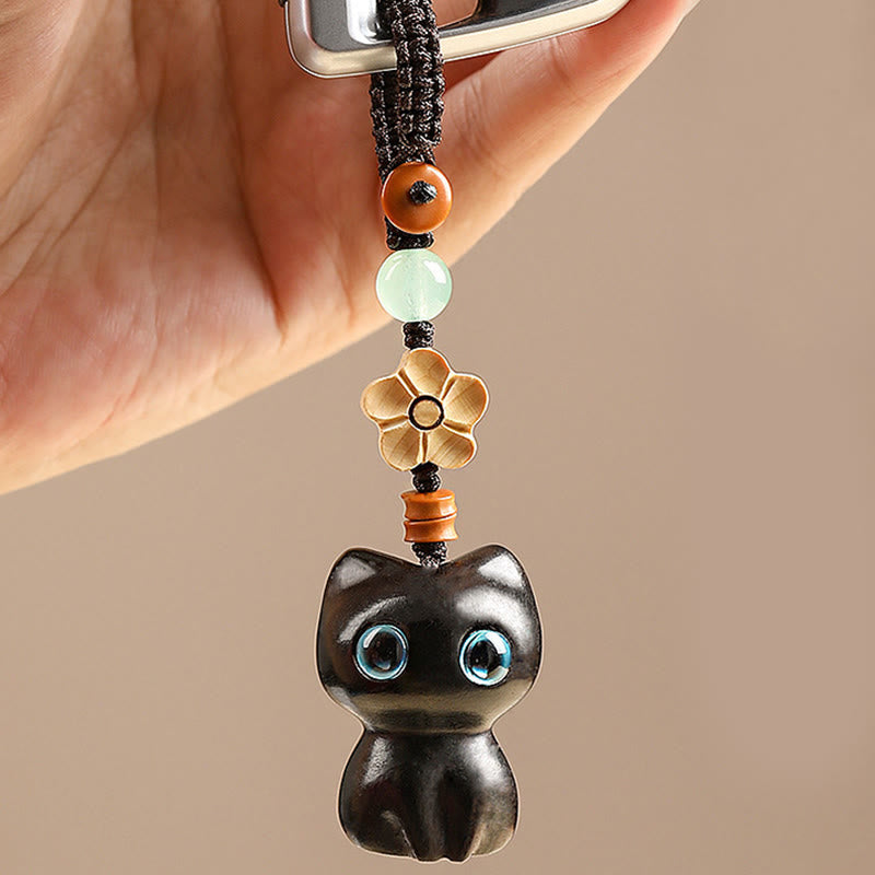 Hand-Carved Lucky Cat Wood Charm with Green Aventurine, Boxwood & Olive Wood Phone Keychain