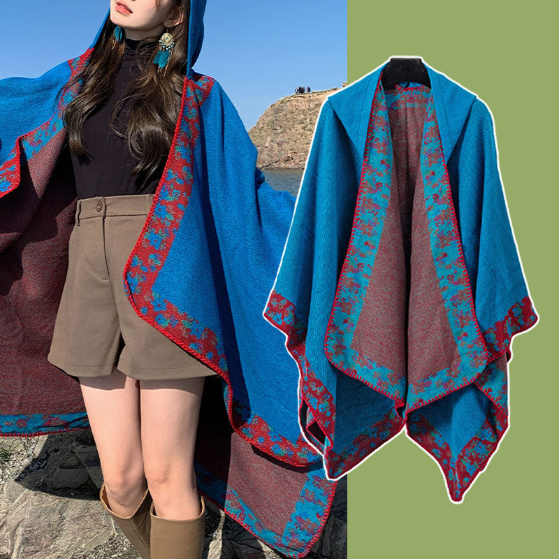Tibetan Shawl Border Small Floral Flower Hooded Cloak Winter Cozy Travel Scarf Wrap