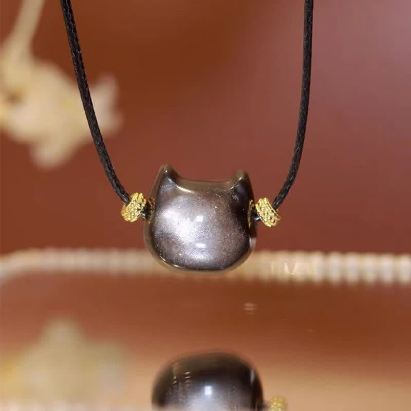 Handmade Gold & Silver Sheen Obsidian Feline Motif Beaded Bracelet