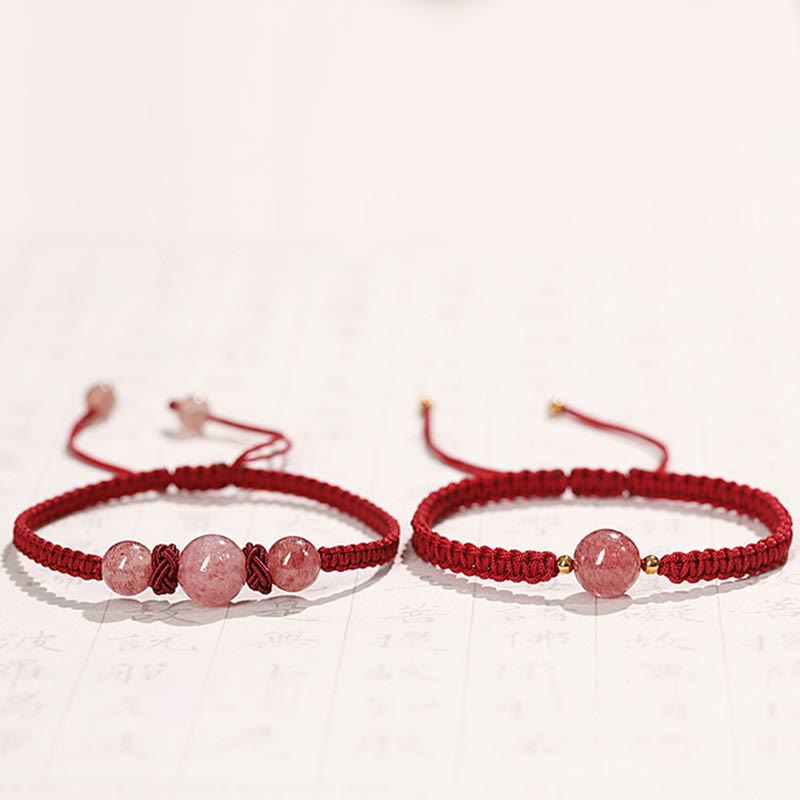 Natural Strawberry Quartz Woven Red String Adjustable Bracelet & Anklet