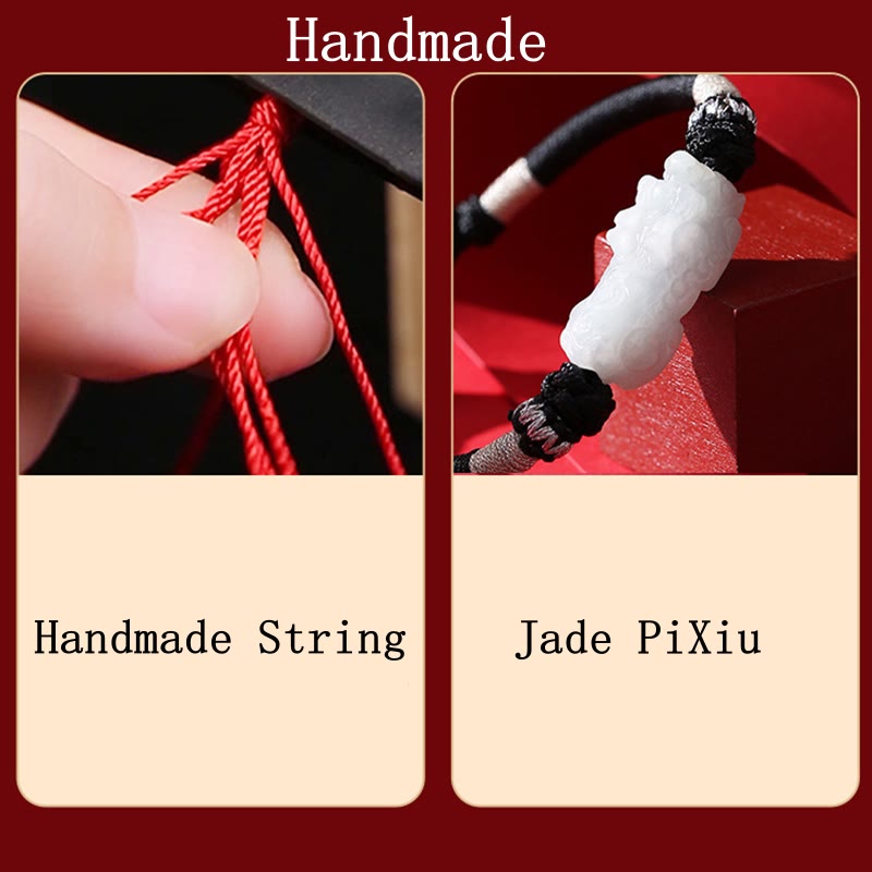 Handmade Natural Jade PiXiu Luck Prosperity Braided String Bracelet