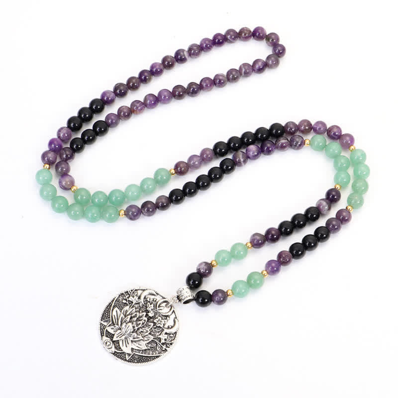 108 Mala Beads Amethyst Green Aventurine Lotus Meditation Bracelet