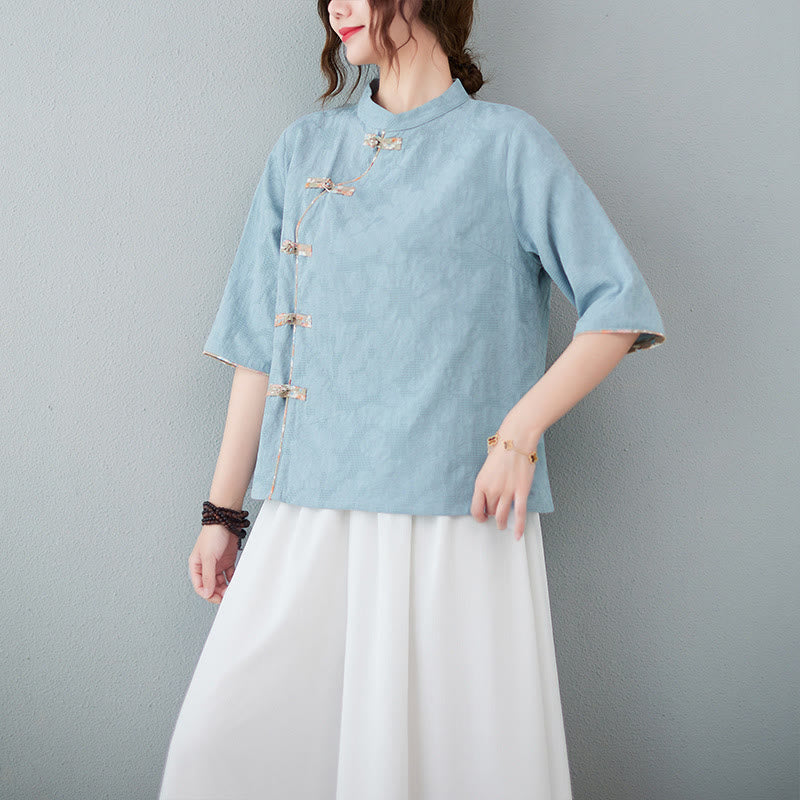 Floral Pattern Frog-Button Half Sleeve Cotton Linen Shirt