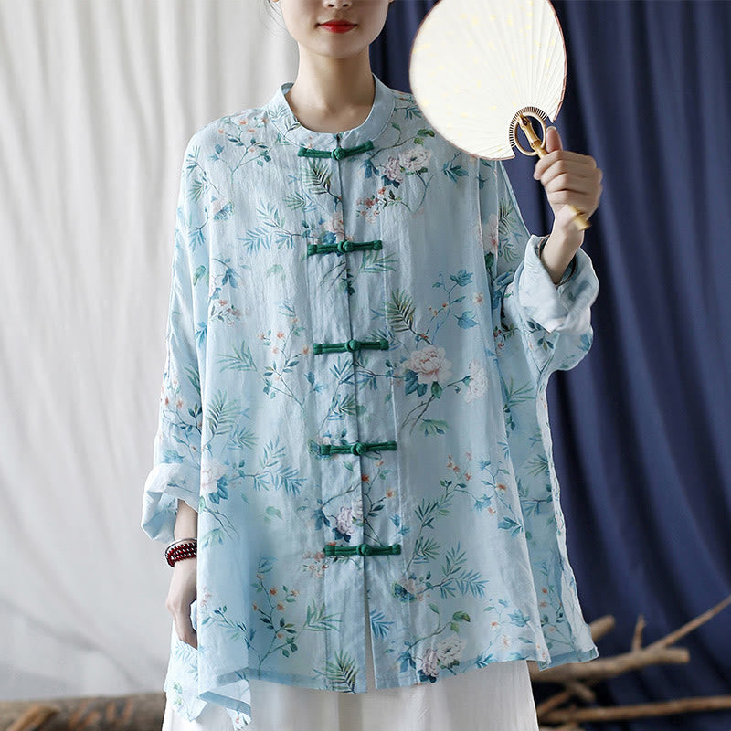 Light Green Pink Flowers Green Leaves Frog-Button Long Sleeve Ramie Linen Jacket Shirt