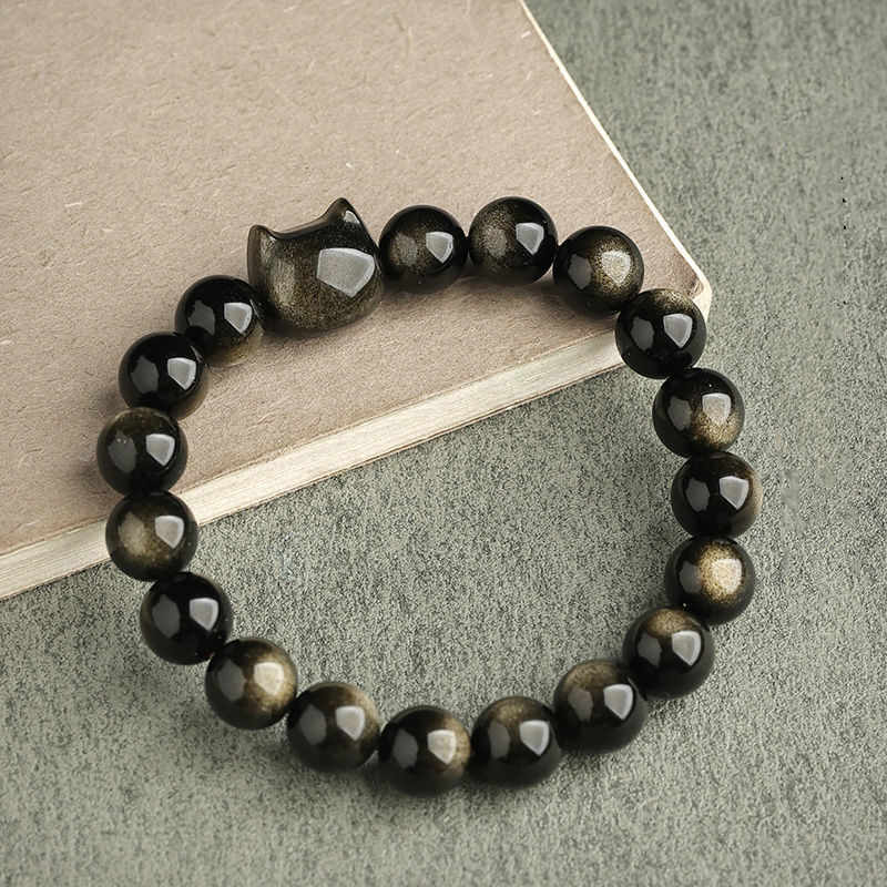 Handmade Gold & Silver Sheen Obsidian Feline Charm Beaded Bracelet