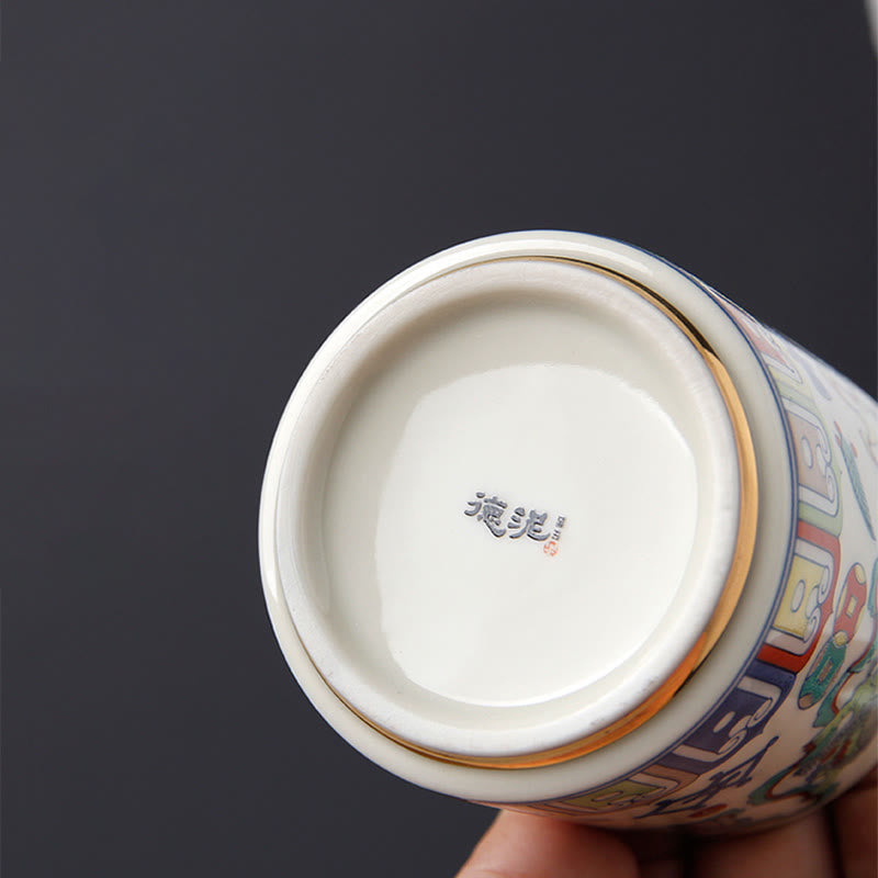 Vintage Plum Blossom Pine Bamboo Phoenix Kirin Lion Dancing Ceramic Teacup Tea Cups