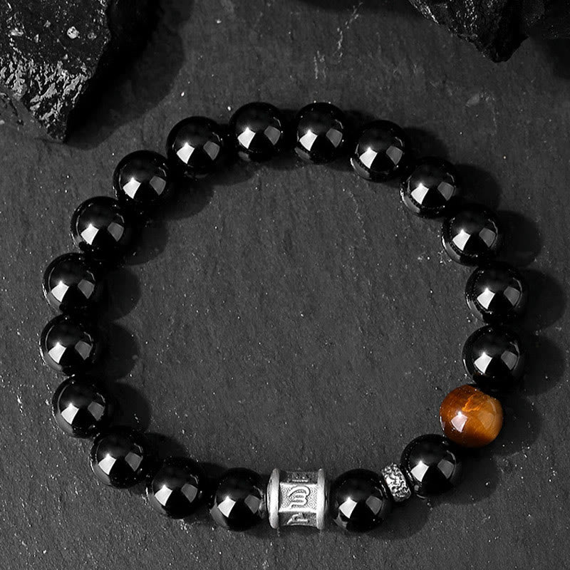 999 Fine Silver Om Mani Padme Hum Mantra Black Obsidian & Tiger Eye Beaded Bracelet
