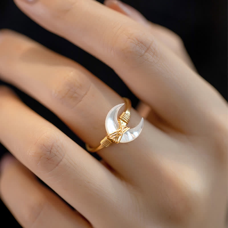 Natural Tridacna Stone Moon 14K Gold Blessing Ring