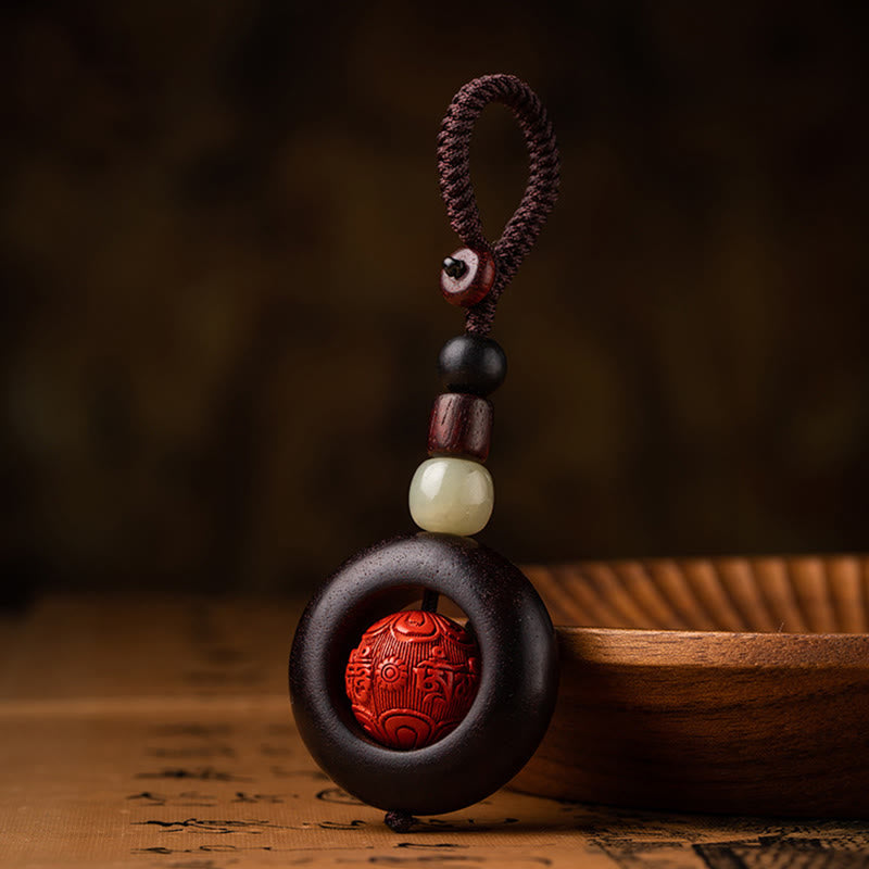 Red Sandalwood & Jade Cinnabar Keychain with Om Mani Padme Hum, Pixiu, or Copper Coin