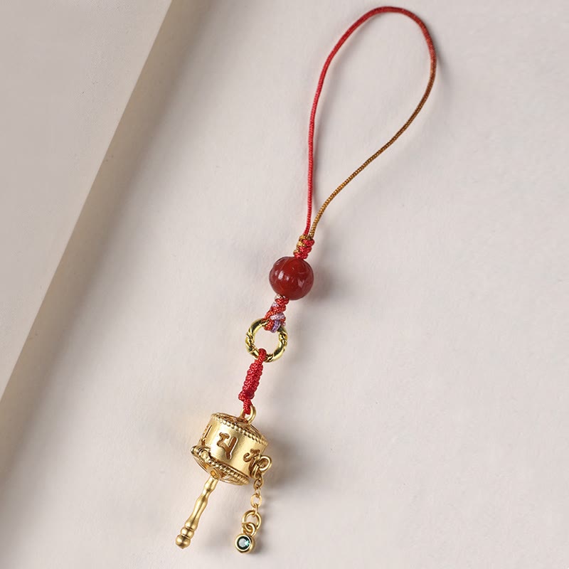 Tibetan Copper Om Mani Padme Hum Prayer Wheel & Red Agate Phone Charm