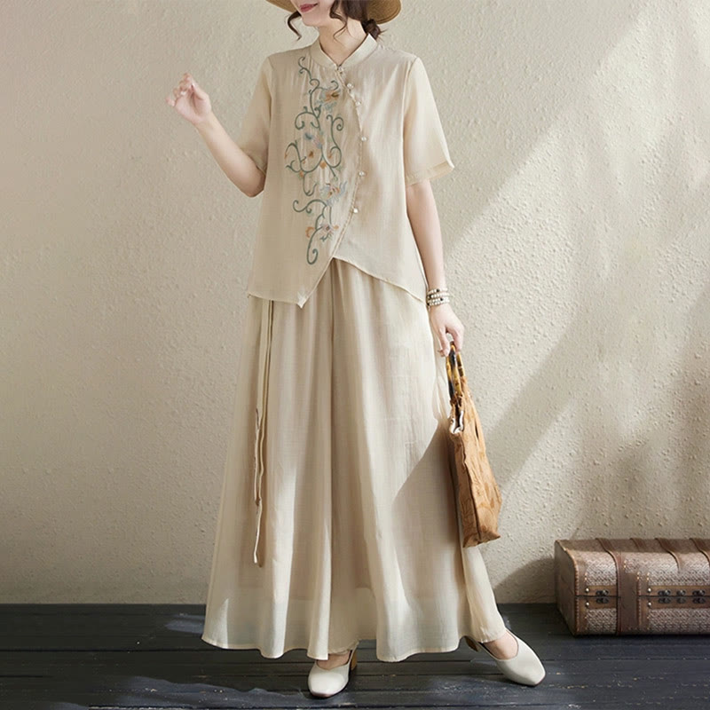 2Pcs Flower Embroidery Short Sleeve Tee T-shirt Wide Leg Pants Set