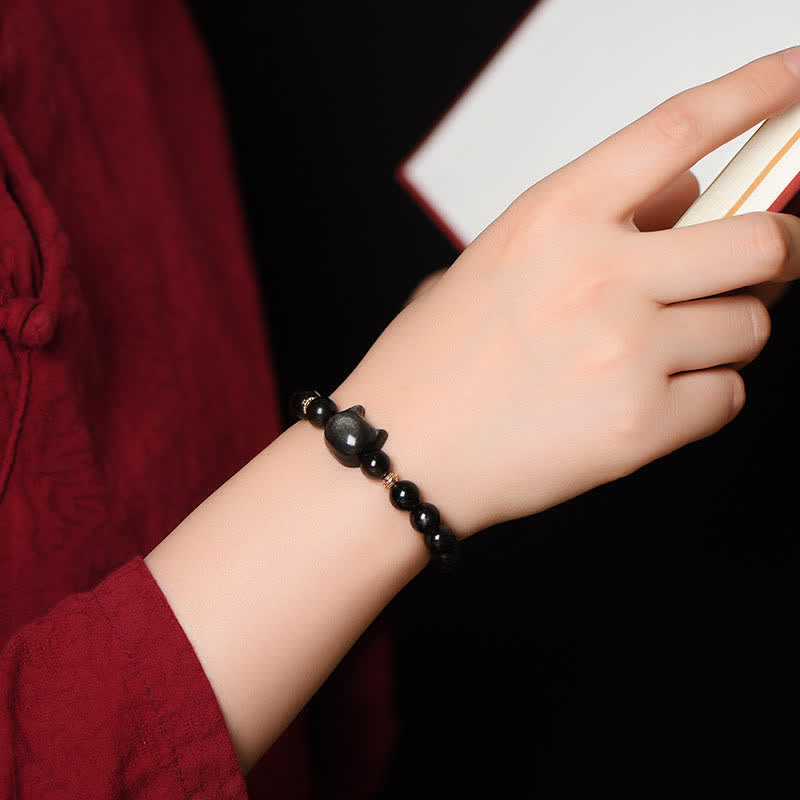 Handmade Gold & Silver Sheen Obsidian Feline Motif Beaded Bracelet