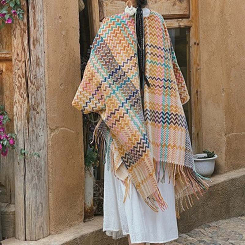 Tibetan Shawl Colorful Wavy Striped Shapes Tassels Winter Cozy Travel Scarf Wrap