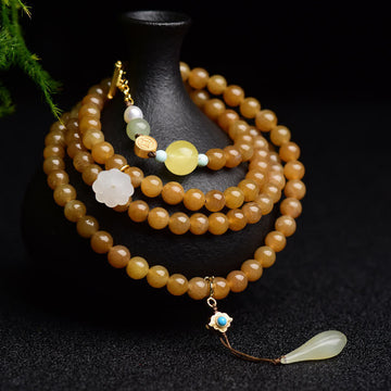 Natural Hetian & White Jade, Amber, Turquoise, Pearl & Topaz Lotus Beaded Bracelet