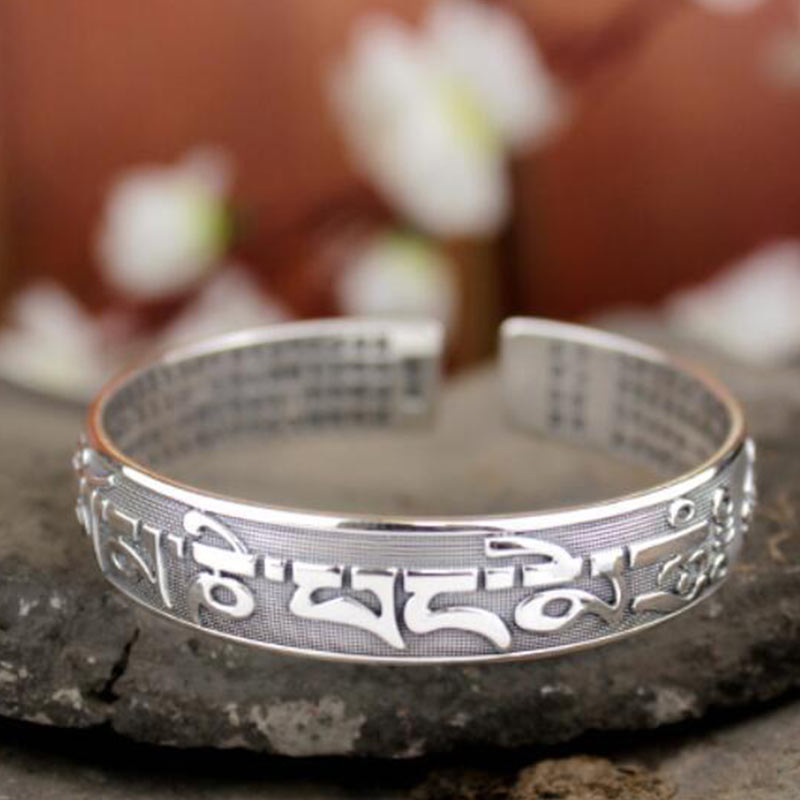Tibetan White Copper & Sterling Silver Om Mani Padme Hum Sanskrit Engraved Meditation Bangle