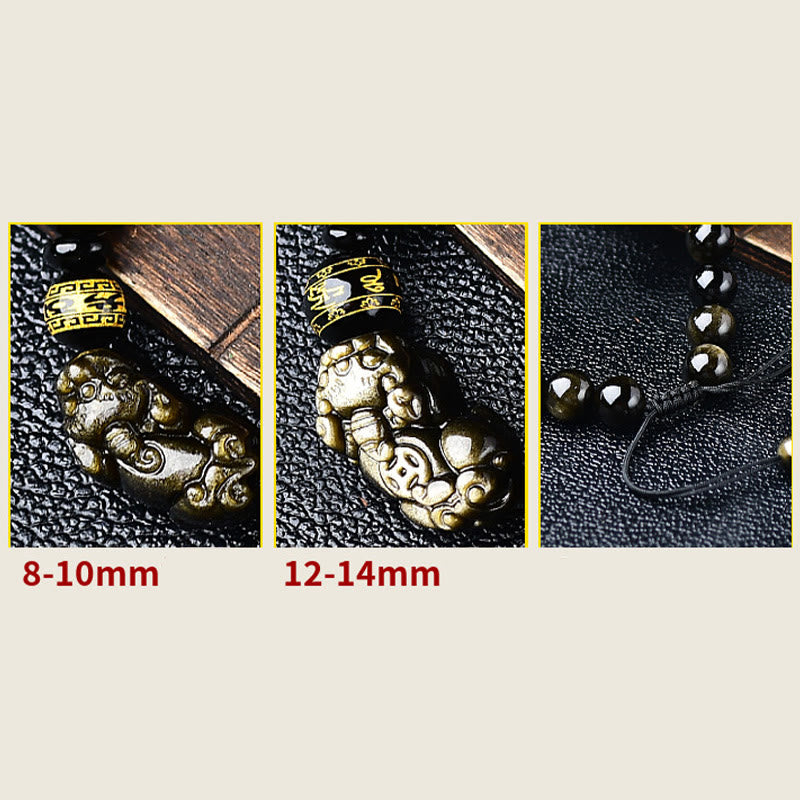 Natural Gold Sheen Obsidian Pixiu Om Mani Padme Hum Braided Bracelet
