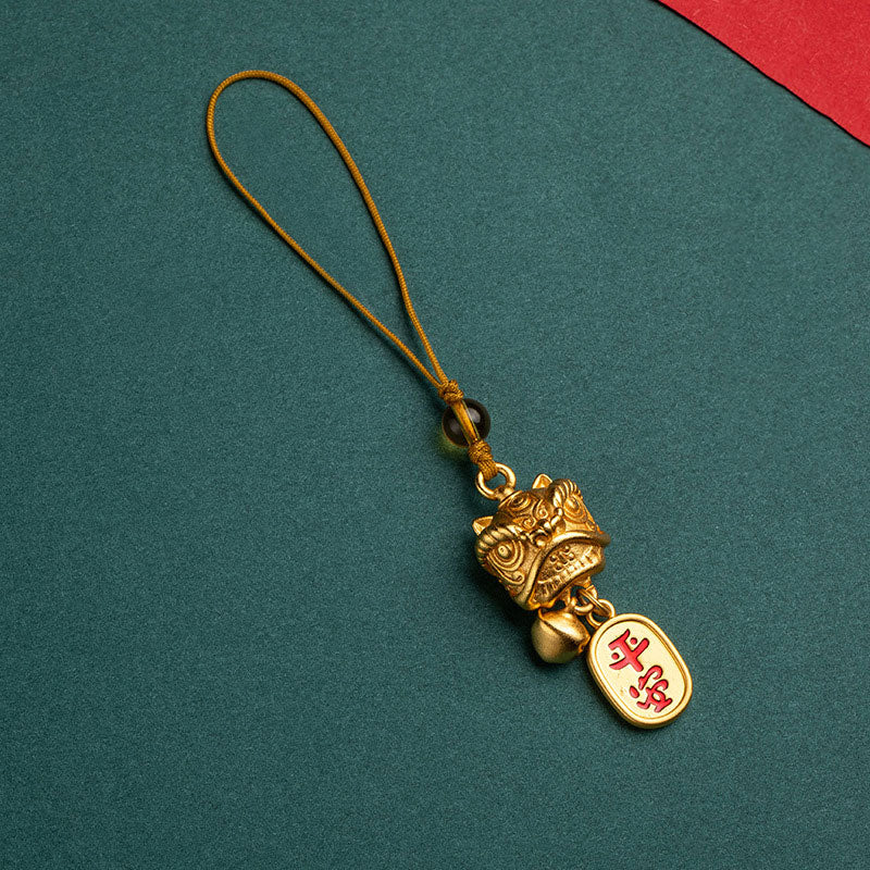 Dancing Guardian Lion Brass Copper Phone Charm with Ping An Kou & Ruyi Symbols