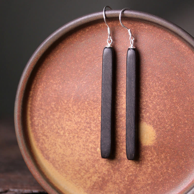 925 Sterling Silver Ebony Wood Texture Balance Peace Drop Dangle Earrings