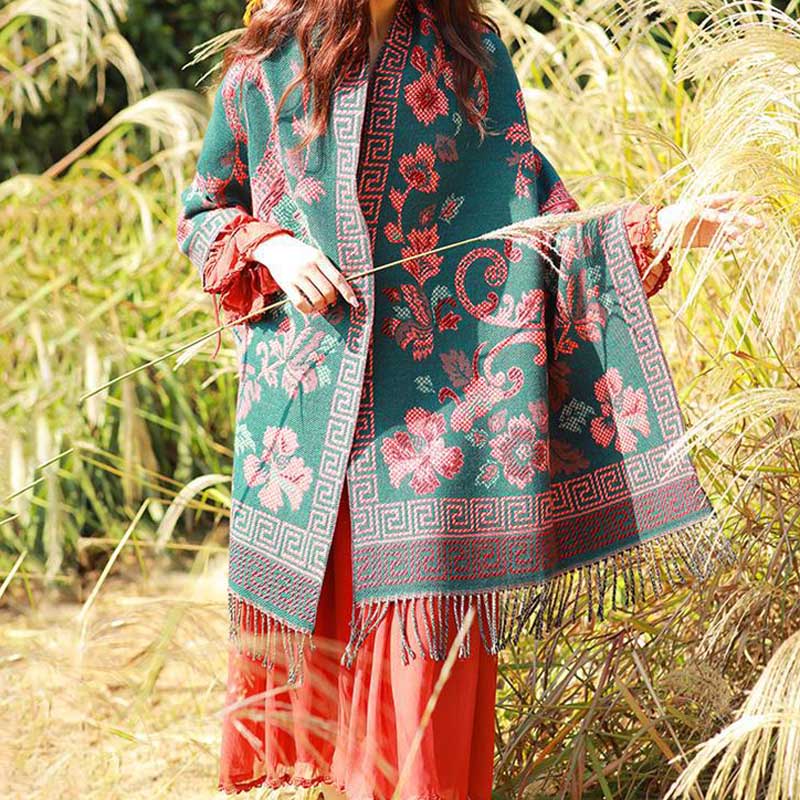 Tibetan Flowers Leaves Pattern Design Shawl Cozy Travel Scarf Wrap