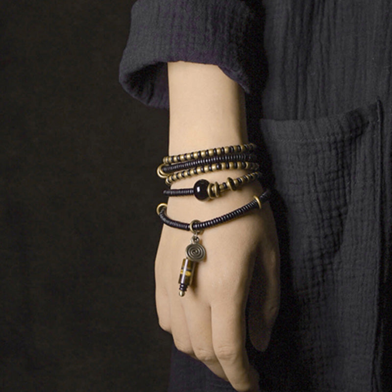 Ebony Wood Dzi Bead Copper Peace Couple Bracelet Necklace Pendant