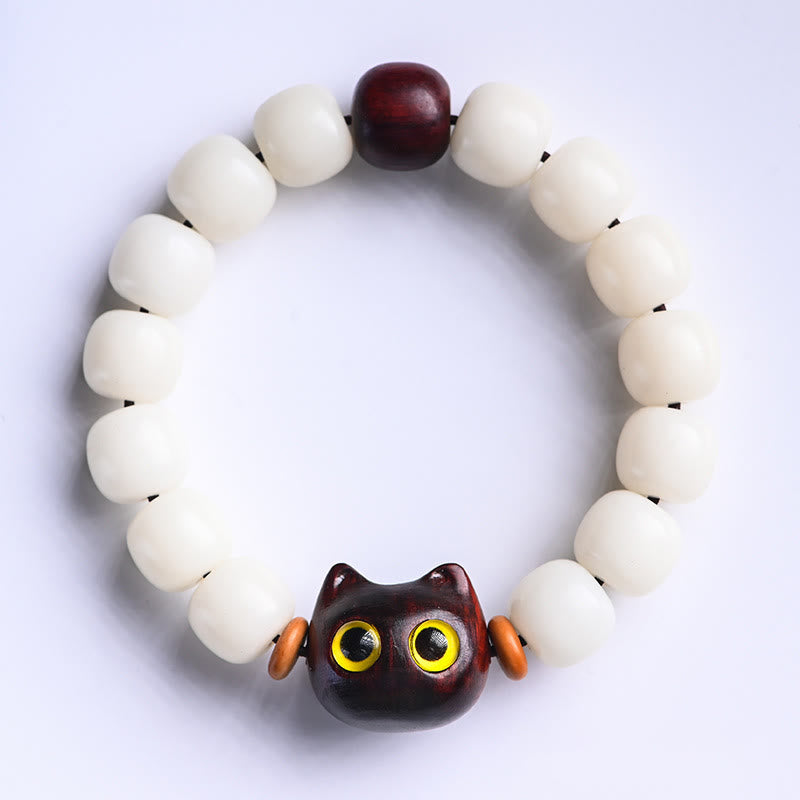 Natural Bodhi Seed Small Leaf Red Sandalwood Ebony Wood Cute Lucky Cat Wisdom Bracelet