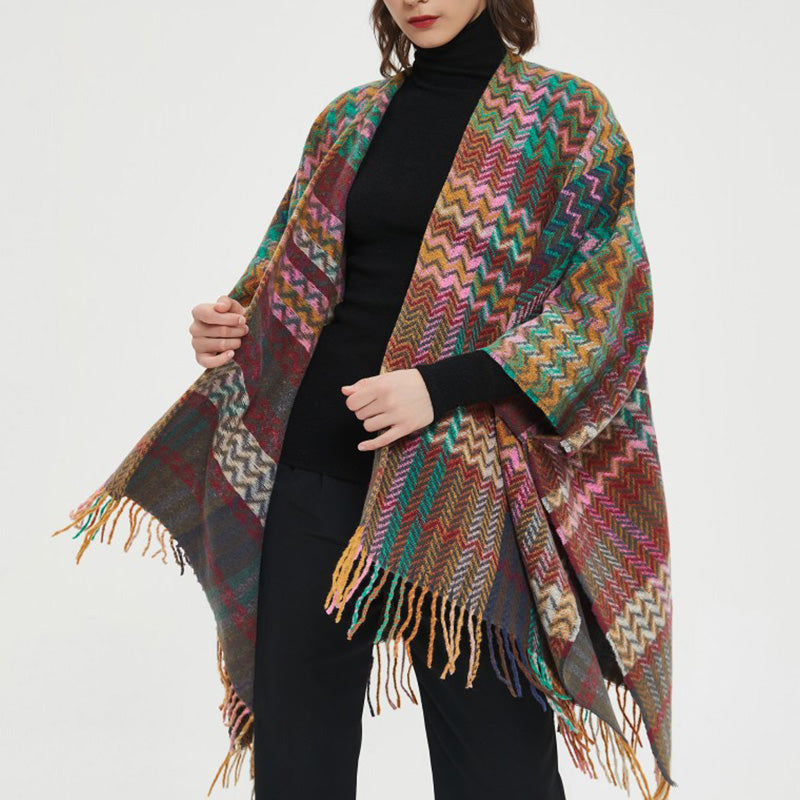 Tibetan Shawl Colorful Wavy Line Tassels Winter Cozy Travel Scarf Wrap