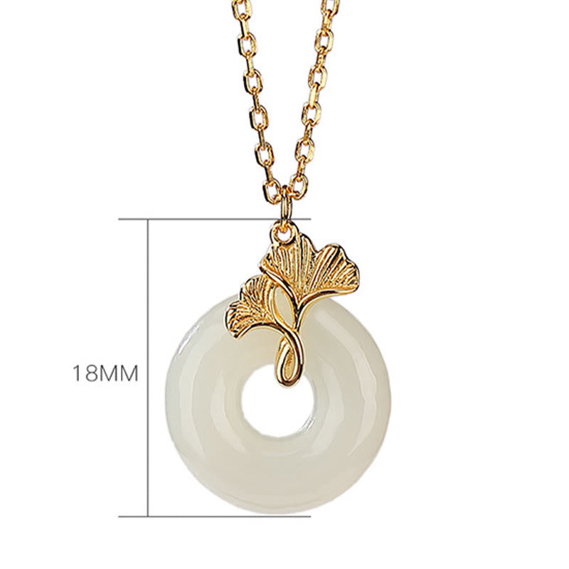 925 Sterling Silver Natural Hetian Jade Ginkgo Leaf Peace Buckle Luck Necklace Pendant