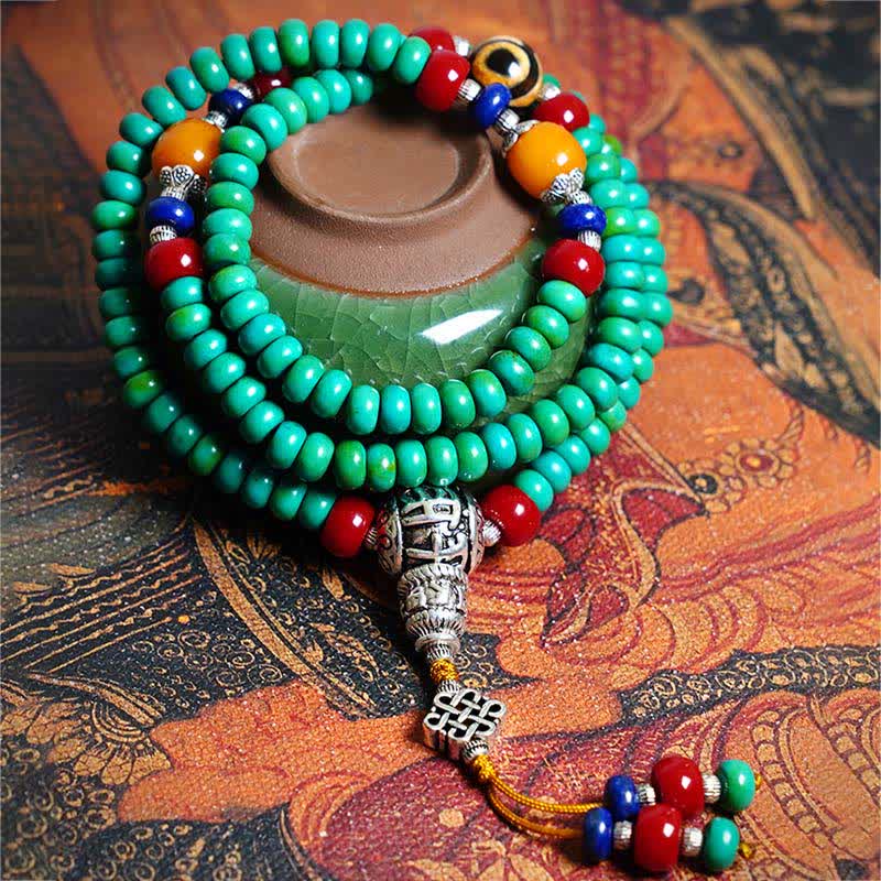 108 Tibetan Turquoise Amber and Dzi Bead Meditation Mala Bracelet