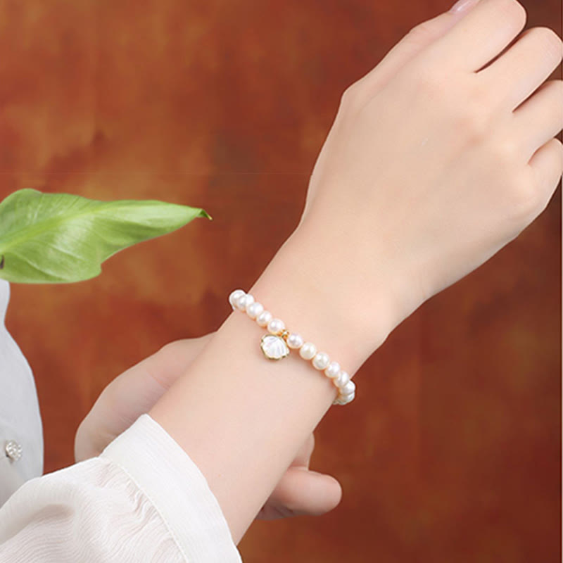 14K Gold Plated Natural Pearl & Seashell Charm Bead Bracelet with Amethyst or Red Agate