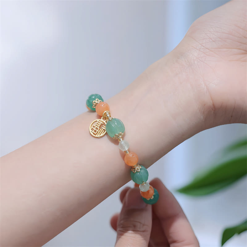Natural Golden Silk Jade and Prehnite Carved Pumpkin Bead Fu Charm Bracelet