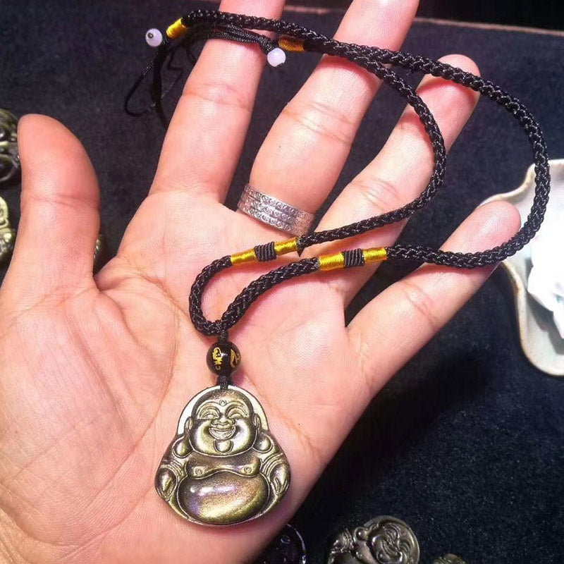 Laughing Buddha Gold Sheen Obsidian Wealth Necklace Pendant